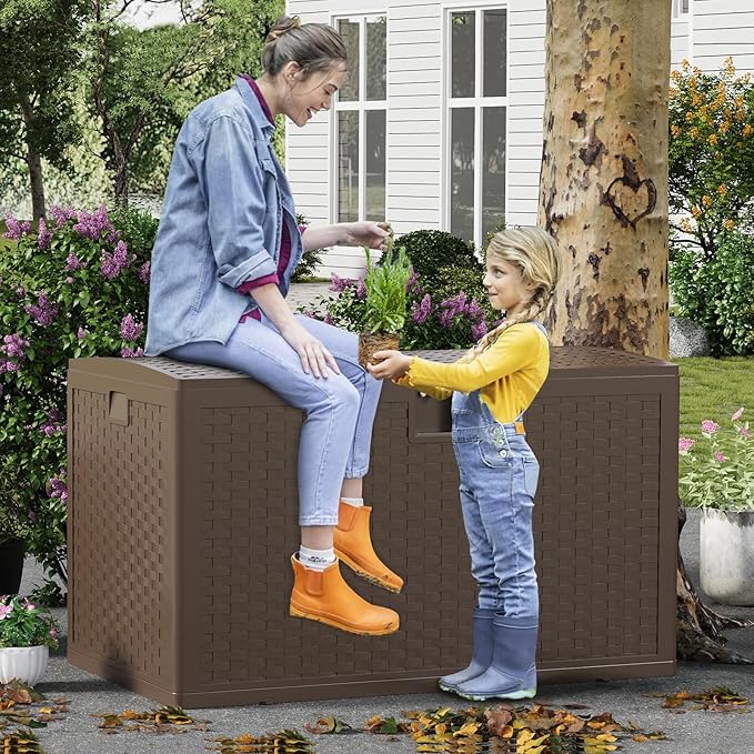 120 Gallon Outdoor Waterproof Storage Box Lockable Outdoor Storage Boxes Deck Storage Boxes for Package Delivery Deck Boxes for Patio Furniture, Garden, Tools - Rattan Brown