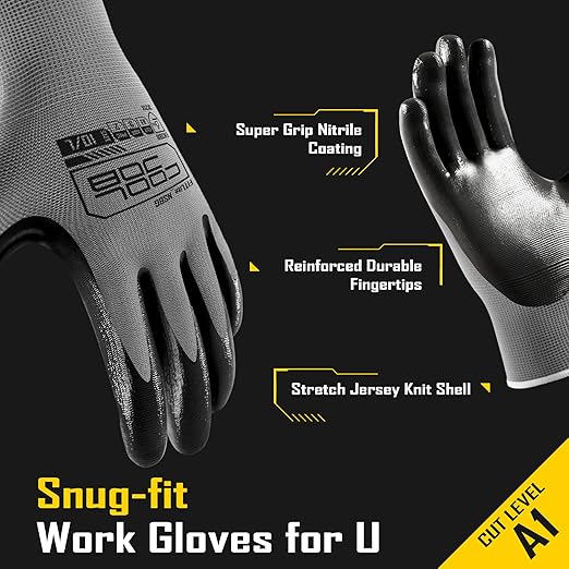 COOLJOB 10 Pairs Nitrile Dipped Safety Work Gloves with Grip, Non-slip Rubber Coated Bulk Garden Gloves for Men, Heavy-duty Oil Resistant for Truck Driver, Warehouse Box Handler, Medium, Gray