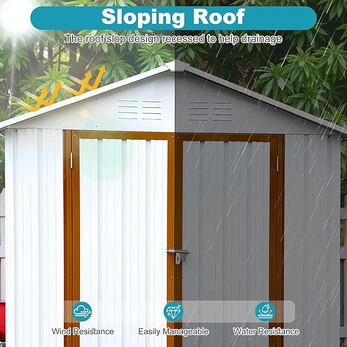 6x4 FT Outdoor Storage Shed, Metal Tool Shed with Lockable Doors, Peaked Roof & Frame Floor, Garden Shed with Vented Design for Backyard Garden Patio Lawn, White+Yellow