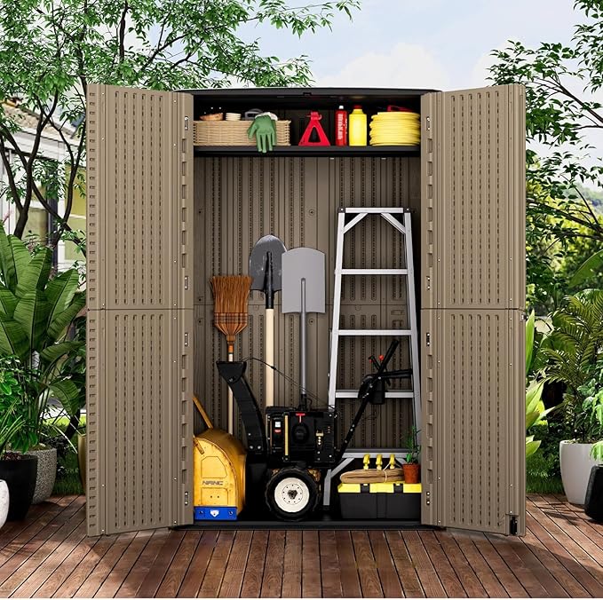 ZZM Large 67 Cu.ft Waterproof Storage Shed, Outdoor Storage Cabinet,Durable Resin Storage for Patio Furniture, Garden Tools, Pool Accessories, Mower Storage (Coffee)