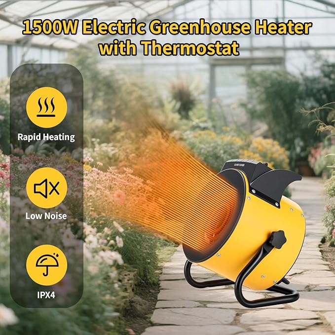 Greenhouse Heater with Digital Thermostat, 1500W/750W Electric Grow Tent Heater, IPX4 Waterproof, Overheat Protection, Fast Heating for Patio, Flower Room, Green House, Ourdoor