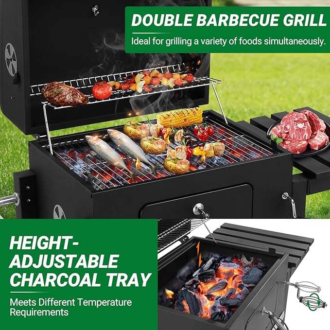 ROVSUN Charcoal Grill with Side Tables, Large Cooking Area, Individual Lifting Charcoal Trays, Pull-Out Ash Tray, BBQ Grill for Outdoor, Picnic, Backyard, Parties
