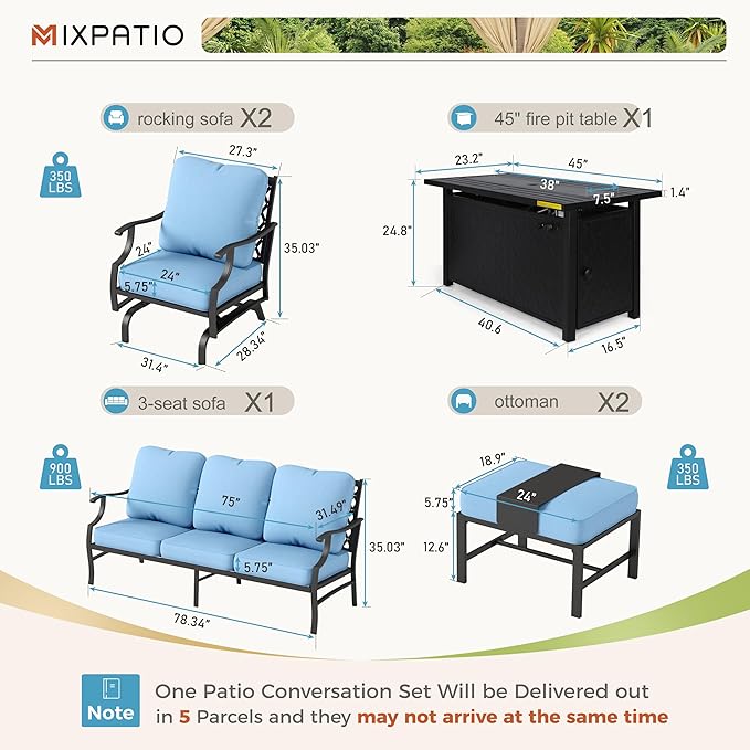 Patio Furniture Set, 6 Pcs Metal Outdoor Conversation Set, 2 Rocker Chairs, 2 Ottomans and 3 Seater Sofa with 5.75" Extra Thick Cushion and Gas Fire Pit Table, Blue
