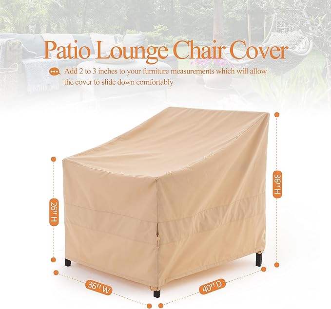 Patio Chair Cover, Outdoor Lounge Cover, Heavy Duty, Waterproof Lawn Chair Covers, 36W x 40D x 36H, Beige, 2-Pack