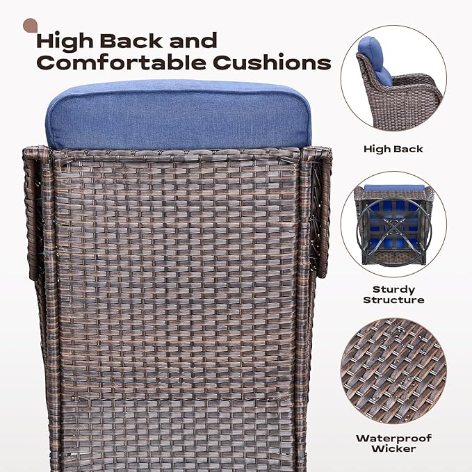Outdoor Patio Swivel Rocker Chairs Set of 2, Waterproof Wicker, High Back, Deep Seating, Wide Armrest, Upgraded 6 inch Thick Cushions, Side Table, Ideal for Deck Porch Yard, Brown/Blue