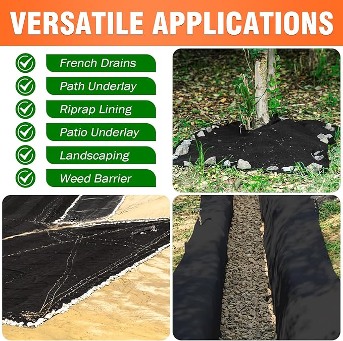 8oz 6FTx300FT Non Woven Geotextile Fabric for French Drains, Landscaping, Underlayment, Weed Control, Construction, Erosion Control