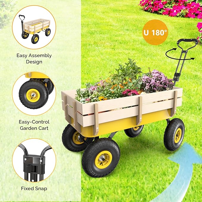 VINGLI Steel Garden Wagon Cart on Wheels, 330lb Load Capacity, Removable Heavy Duty Wooden Side Panels, with Extendable Handle and 10inch All-Terrain Tires, Wheelbarrow for Yard Landscaping (Yellow)