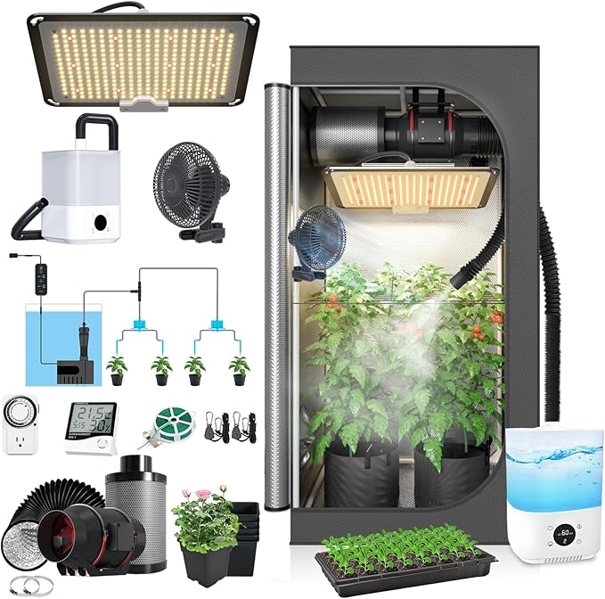 Upgrade Integrated Auto 2'X2' Grow Tent Kit Complete System, S1000 LED Grow Light, Grow Tent with 4“Ventilation Kit, Inline Fan&Carbon Filter, Irrigation Kit, Humidifier and Clip Fan