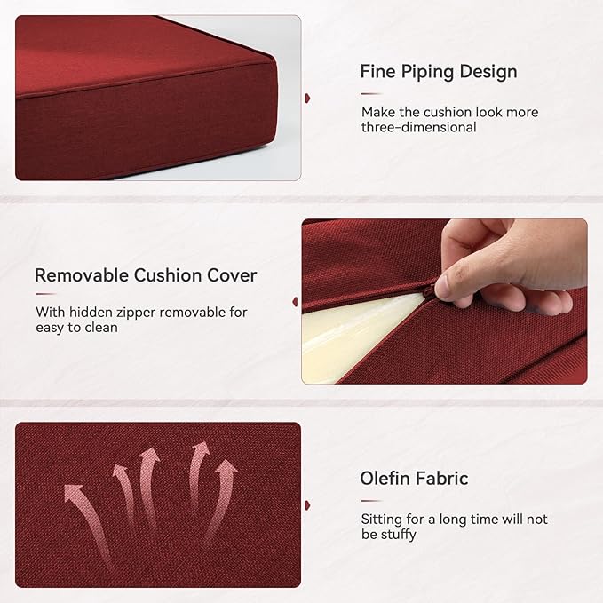 Luxury 6" Outdoor Cushions for Patio Furniture, 24x24x6 Thick Seat Cushion Set of 2, Fade Resistant Couch Chair Replacement Cushions High Density Deep Wicker Chair Cushion w/Removable Cover, Red