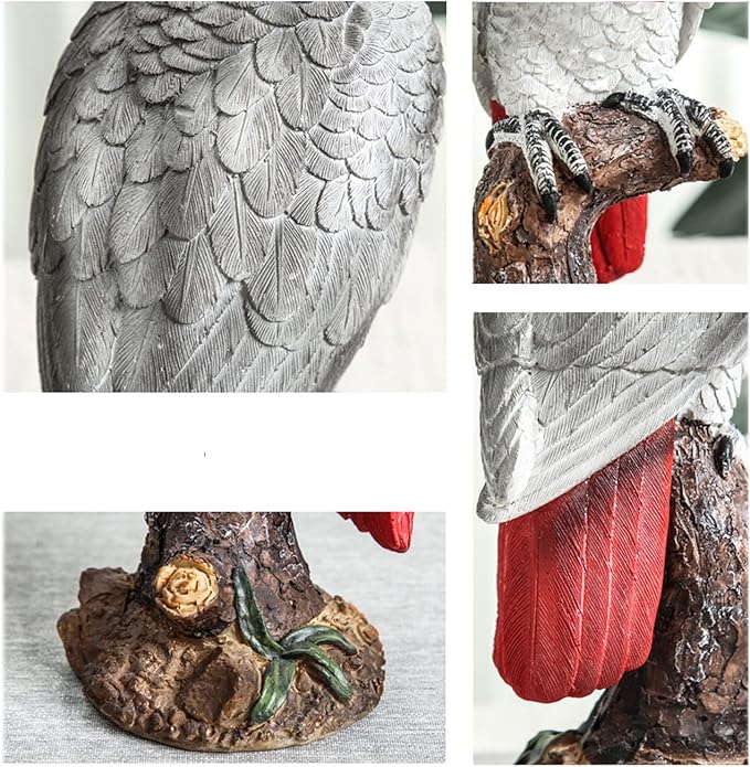 Parrot on Stump Statue Tree Hugger Garden Statues, Resin Figurines Lifelike Tropical Bird Sculptures for Patio Lawn Yard Home Desktop Decoration - Grey