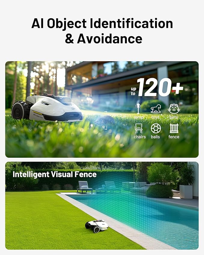 YUKA 3000 Robot Lawn Mower with 4G, Reception 0.75 Acre, Max. 1 Acre,Ultrasense AI Vision & RTK, Auto Mapping,App Control, 45% Slope, Wireless Perimeter, 2 Cutting Discs,30 Mowing Zones