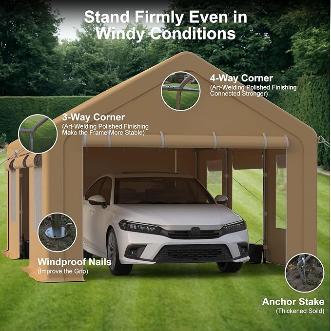 10x20FT Portable Garage, 10'x20' Carport Heavy Duty, Galvanized Frame & 180 g PE Waterproof Canopy, with 4 Doors (Included 2 Side Doors), and 4 Windows, for Pickup Truck, and Boat