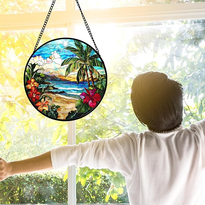 Stained Glass Window Hanging, Blue Beach Scenery Suncatcher Diamond Glass Panel Hangings Sun Catchers Decor for Birthday for Women, Men, Wife, Aunt, and Mom 11.8x11.8 in