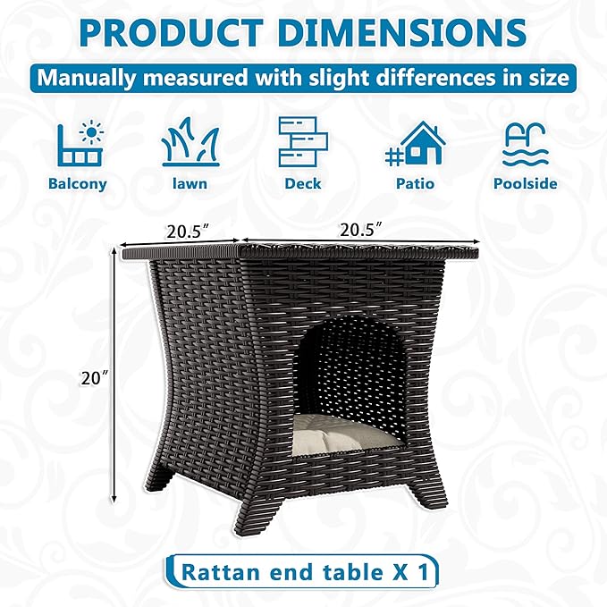 Vista Vibe Patio Wicker Side Table, All-Weather Rattan Furniture, 2 in 1 End Table & Pet Nest for Porch, Sunroom, Garden (Beige)