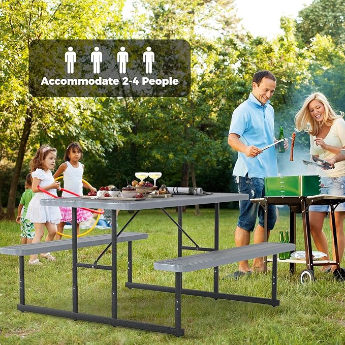 Giantex Picnic Table Bench Set for 4 People, 4.5FT Outdoor Rectangular Dining Table & 2 Benches w/Umbrella Hole, HDPE Tabletop, Metal Frame, Patio Garden Backyard Poolside (4.5FT,Non-Foldable,Gray)