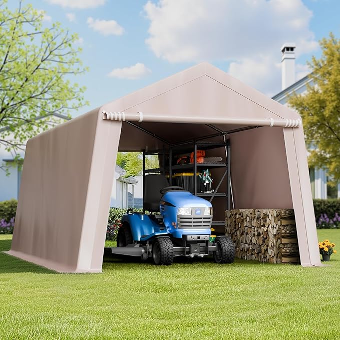 VEVOR Outdoor Storage Shed, 10 x 15 ft Portable Storage Tent with 2 Roll-up Doors & Vents, Waterproof Canopy Shed Shelter, Heavy Duty Frame, Patio Garage Carport for Motorcycle Lawn Mower, Beige