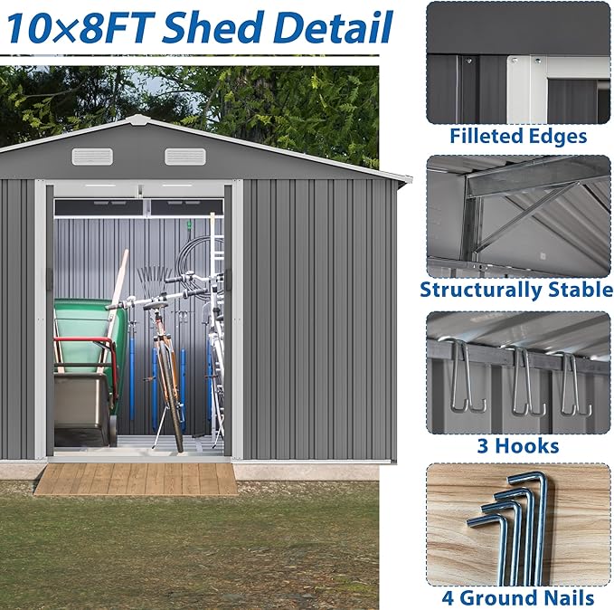 10X8 FT Outdoor Storage Shed with Galvanized Steel Construction & Lockable Doors,All Weather Garden Tool House Sheds W/Sliding Doors and Padlock,for Patio,Backyard,Lawn,Gray