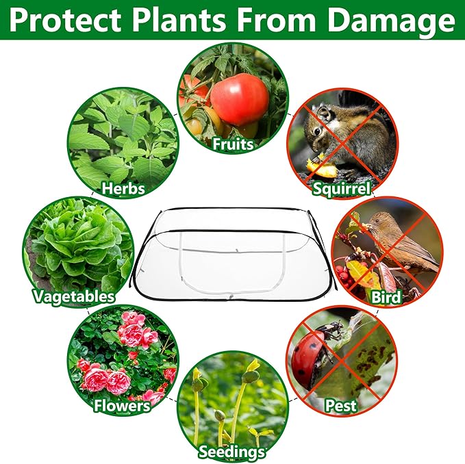 2 Pcs Pop Up Garden Rows Plants Cover, 45" x 22" x 16" Raised Garden Beds Vegetable Rows Plant Protector, Insect Bird Barrier Plant Net Cage with Stakes for Protecting Seedlings Fruits Vegetable Row