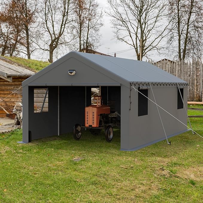 13x25 Carport Canopy, Heavy Duty Car Port, Portable Car Ports Garage with 2 Roll-Up Zipper Drive Through Doors, Grey