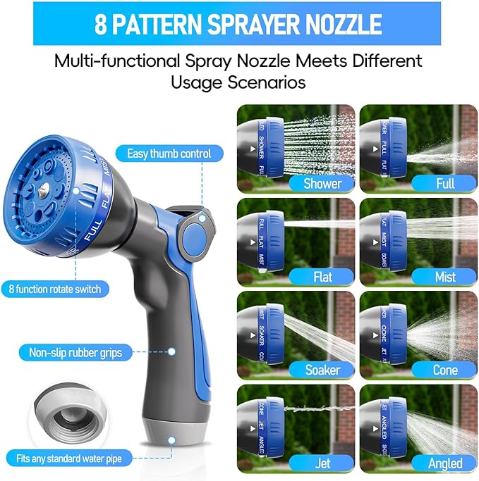 Garden Hose 100ft, 3-Layer Flexible Water Hose with 8 Pattern Spray Nozzle, Non-Expanding & Lightweight Stainless Steel Hose for Yard, Lawn, Outdoor-Leak Proof, No-kink & Tangle-free