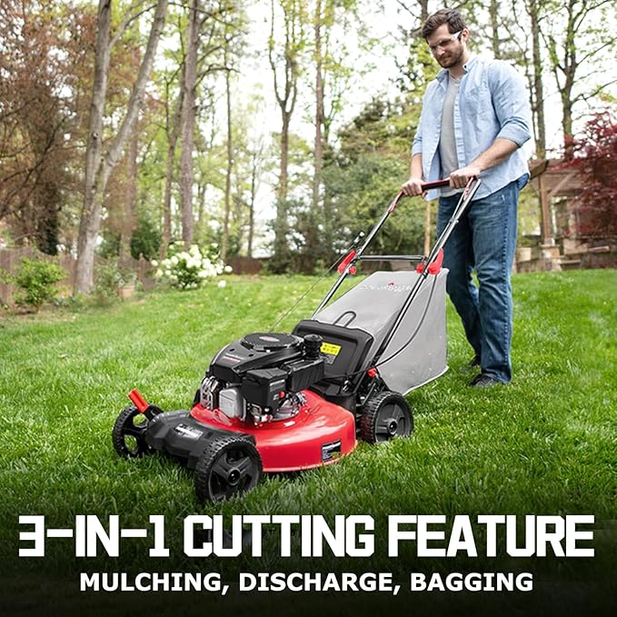 PowerSmart 21 in. Gas Lawn Mower with 144cc 4-Stroke Engine, Push Mower with Mulch, Side-Discharg, Bagger, 6-Positions Adjustable Cutting Height