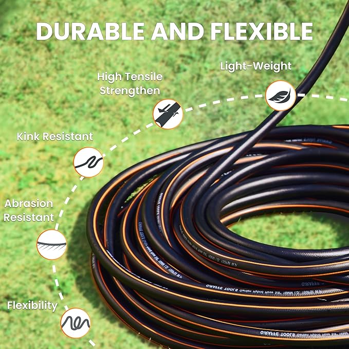 Giraffe Tools 100Ft 5/8" Garden Hose Set with 10-Pattern Spray Nozzle, Quick Connect Adapters & Splitter, for Lawn Care, Car Washing, Bed Garden Water Hose