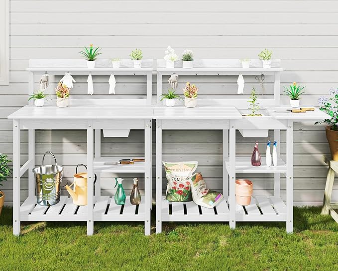 SERWALL Potting Table for Outside All Weather Use- White