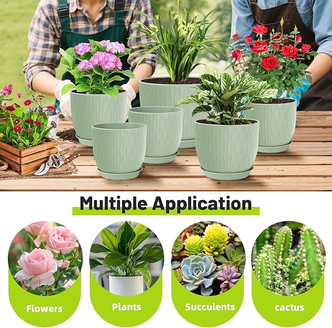 Plastic Plant Pots 10/9/8/7.5/7 inch Set of 5, Flower Planters with Drainage Holes and Saucers, Plastic Pots for Indoor Outdoor Plants, Livingroom Garden Decor (Green)