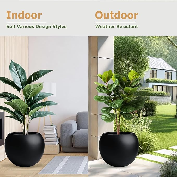 12.8" H x 16" D Globo Fiberstone Round Planter with Drainage Hole, Weather Resistant, Smooth Finish, Planters for Indoor Plants & Outdoor, 2 Extra Coco Mats (Black, 10.7" Pot Opening)