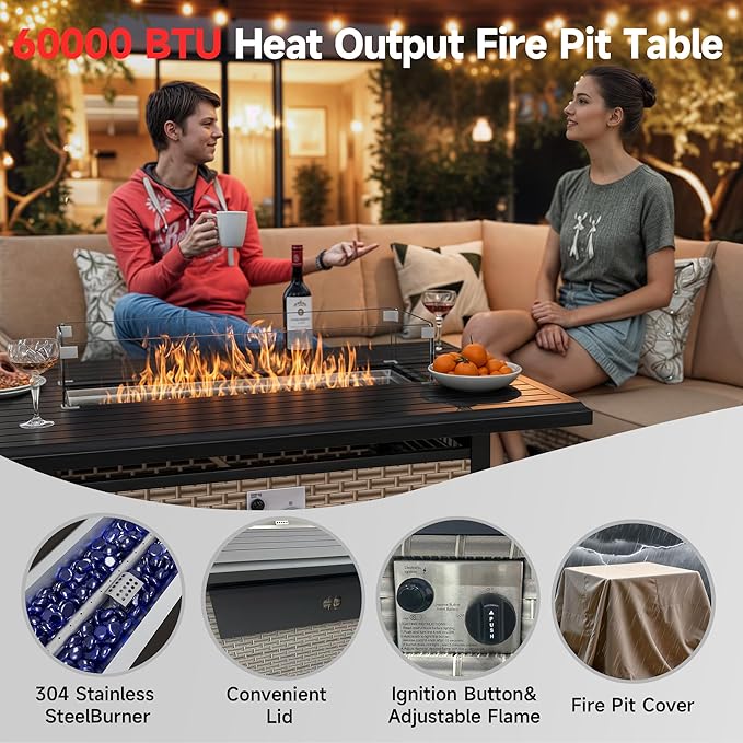 8 Pieces Patio Furniture Set with Fire Pit Table, Outdoor Sectional Wicker Sofa with Thick Cushions and Storage Coffee Table, Rattan Patio Conversation Sets, Grey