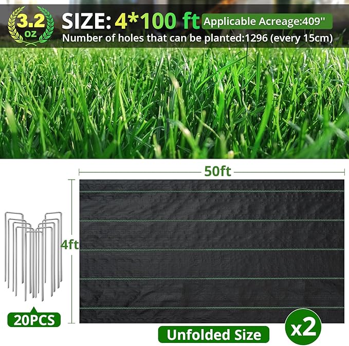 4FT x 100FT Weed Barrier Landscape Fabric, 3.2oz Heavy Duty Woven Geotextile with 20 U-Shaped Pegs & Pre-Printed Cutting Lines, Ground Cover Colth Garden Bed Liner for Landscape, Driveway, Greenhouse