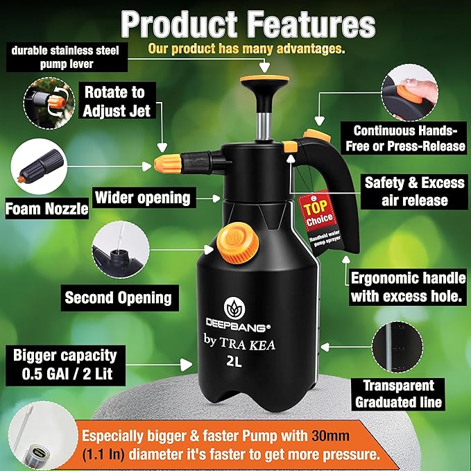 Premium 2L Handheld Pump Sprayer Adjustable Nozzle Water and Foam Continuous Spray Bottle for Car Washing Gardening Household Cleaning โ Heavy Duty Chemical Resistant