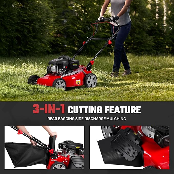 Gas Lawn Mower 131cc 4-Cycle, 3-in-1 Push Lawn Mower with 50L Grass Bag, Adjustable Cutting Height, Low Noise & Fuel-Efficient Design for Lawn, Yard and Garden Care