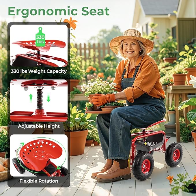 S AFSTAR Rolling Garden Cart, Wagon Scooter with 360° Swivel Seat, Storage Tray, Basket & Rubber Wheels, Heavy-Duty Gardening Tool Cart for Weeding, Patio & Yard (Red)