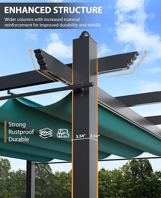 10x10 Ft Outdoor Aluminum Pergola, Upgraded Grey Retractable Pergola with Adjustable Roof & Side Mesh Screen, Modern Metal Patio Gazebo for Deck, Backyard, Porch, Vineyards, Blue + White