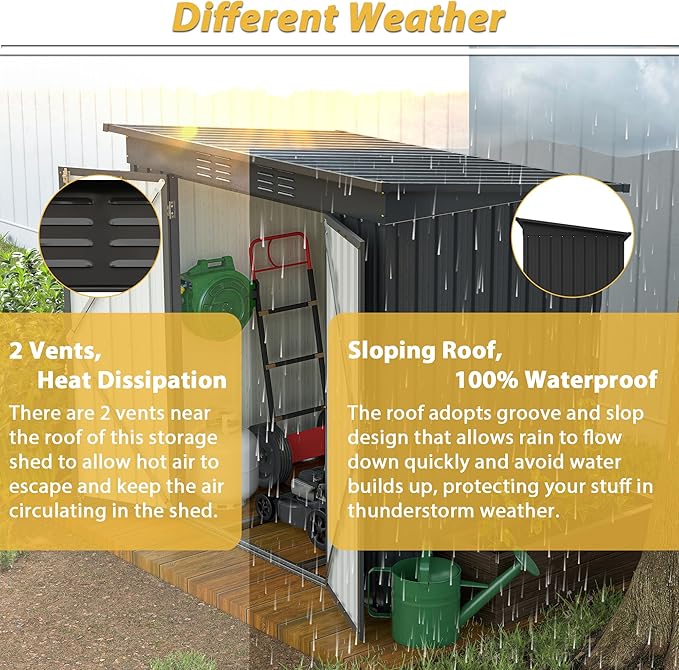 10X8 FT Outdoor Storage Shed, All Weather Metal Sheds with Lockable Doors, Tool Shed for Garden, Patio, Backyard, Lawn (Black with Floor Frame, 6x4 ft)