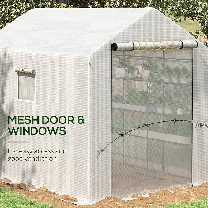 Outsunny 8' x 6' x 7' Walk-in Greenhouse with Mesh Door and Windows, 18 Shelf Green House with Trellis, Plant Labels, UV Protective for Growing Flowers, Herbs, Vegetables, Saplings, White