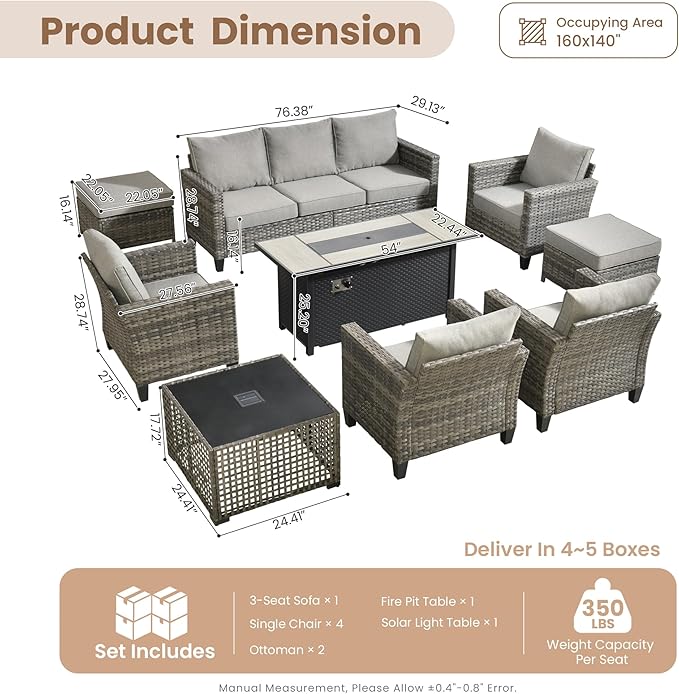 HOOOWOOO Outdoor Patio Furniture Set,9 Pieces Wicker Conversation Set,All Weather Couch Set with Fire Pit Solar Light Table Chairs Ottoman 9 Seaters for Out Door Yard(Charcoal Gray)