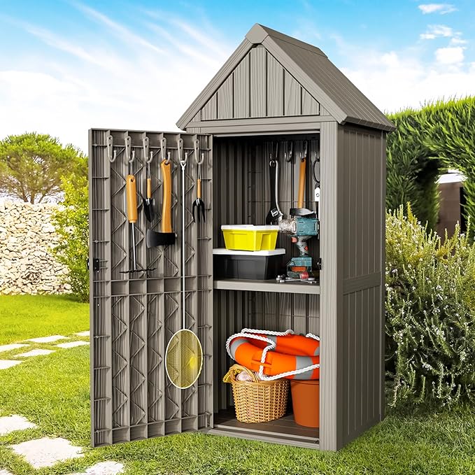 Multifunctional Storage Shed, Outdoor Storage Cabinet with Hooks and Lock Ring, Waterproof Outdoor Storage Shed for All Weather, Tool Outdoor Shed for Patio Lawn and Garden