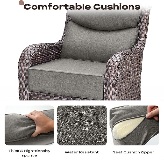 Outdoor Patio Swivel Rocker Chairs Set of 2, Waterproof Wicker, High Back, Deep Seating, Wide Armrest, Upgraded 6 inch Thick Cushions, Side Table, Ideal for Deck Porch Yard, Brown-Grey