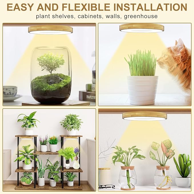 Grow Light for Indoor Plants, 216 LEDs Full Spectrum Halo Plant Light with Auto On/Off Timer (4/8/12H), 10-Level Dimmable, 3 Lighting Modes for Small Plants, Bamboo (6.3 inch Tri Head)