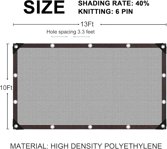 Storystore 40% Shade Cloth with Grommets, 10Ft x 13Ft Garden Mesh Shade Tarp Sun Shade Net for Greenhouse, Cover, Patio, Plant, Flower, Chicken, Coop
