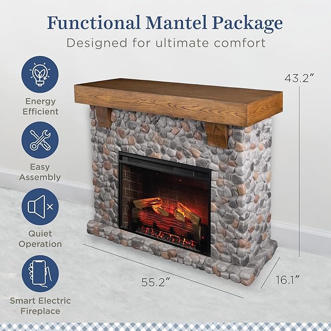 Country Living - Glenbrook Fireplace Mantel Package, 28β, Alexa/WiFi Enabled Fireplace Insert, Cast Stone River Rock Surround, 1500W