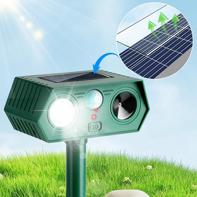 2Pack 2025 Ultrasonic Animal Repellent Outdoor Deer Repellent Devices Solar Animal Repeller Motion Activated Deterrent to Scare Cat Squirrel Rabbit Raccoon Skunk with LED Flash Lights for Yard Lawn
