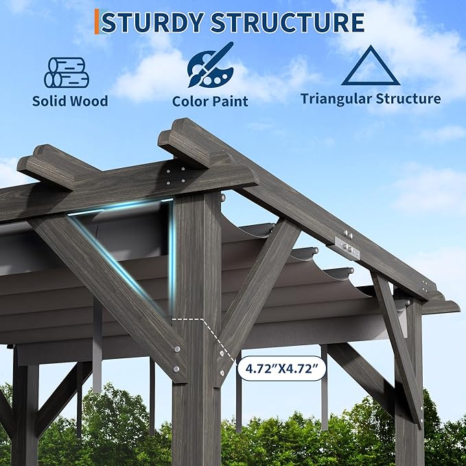 10x12 Ft Outdoor Wood Pergola with Retractable Roof & Mounting Kit Wooden Gazebo, Premium Support Structure, Wind and Snow Supported, Modern Outdoor Pergola for Porch, Grapevine and Deck