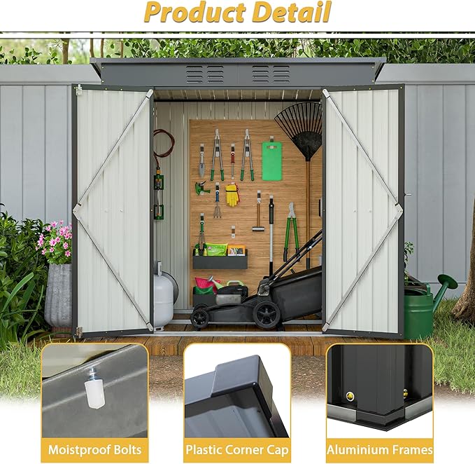 10X8 FT Outdoor Storage Shed, All Weather Metal Sheds with Lockable Doors, Tool Shed for Garden, Patio, Backyard, Lawn (Black with Floor Frame, 6x4 ft)
