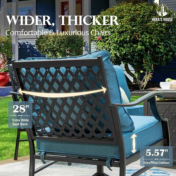 HERA'S HOUSE 5 Pieces Patio Furniture Set, 2 x Rocking Chair, 2 x Ottoman, 1 x 3-Seat Sofa, All Cushioned 7 Seats Metal Outdoor Conversation Set for Lawn Garden Backyard