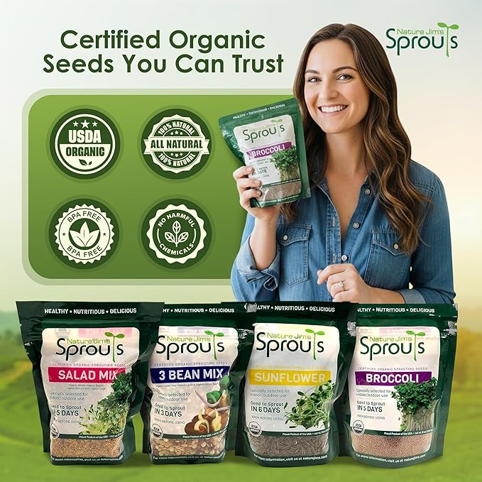 Nature Jims Sprouts Organic Broccoli Seeds for Sprouting – Certified Non-GMO, Rich in Sulforaphane, Swift-Growing Microgreen Seeds for Nutritious Broccoli Sprouts – Ideal for Indoor/Outdoor Use – 8oz