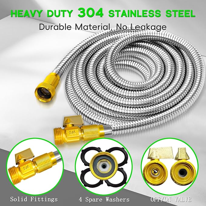 100FT Stainless Steel Garden Hose, Heavy Duty Flexible Metal Water Hose with 10-Function Nozzle, Lightweight & No-Kink Garden Hose, Durable Solid Fittings for Lawn, Car, RV, Outdoor Watering