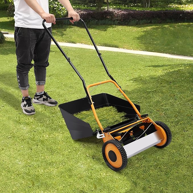 Lawn Mower, Wheeled Reel Mower with Grass Catcher Adjustable Height Manual Reel Push Walk Behind Dual for Cottage, Residential, Backyard, Park Landscaping (16 Inch)